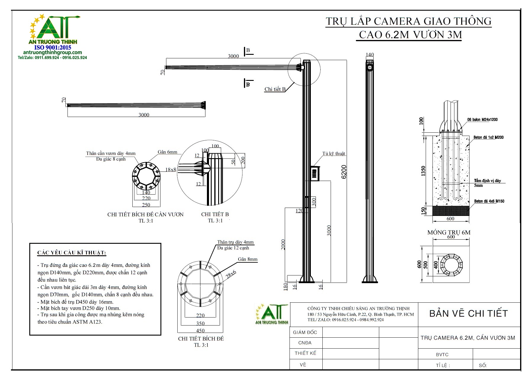 Bản Vẽ Trụ Thép Cao 6m, 8m Lắp Camera, Cần Tay Vươn 3m, 4m